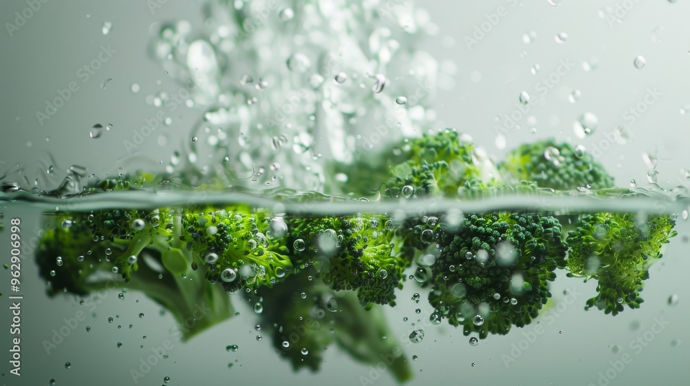 Wall mural Fresh broccoli immersed in water, with bubbles rising up, highlighting the vegetable’s green color and crisp texture.