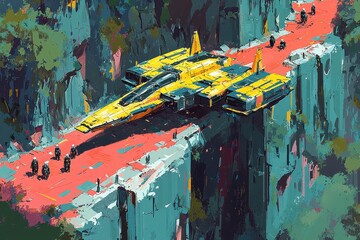 Fototapeta premium Abstract painting of futuristic spaceship or aircraft in flight over colorful landscape