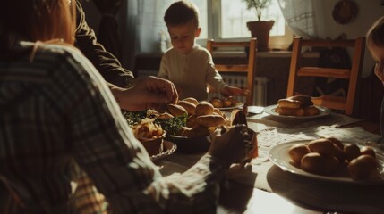Obraz premium A family shares an intimate meal, bathed in afternoon light, savoring baked goods and enjoying heartwarming moments together.
