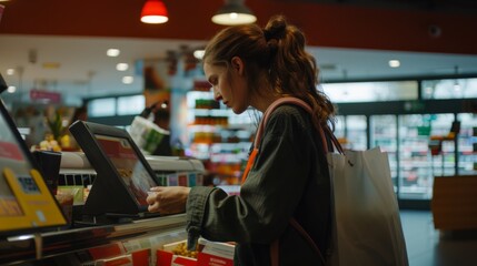 Fototapeta premium A woman at a supermarket checkout concentrates while using the register, surrounded by shelves of assorted products and soft interior lighting.