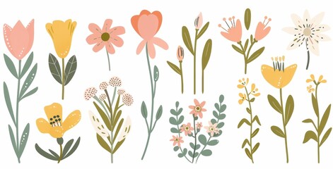 A vibrant collection of hand drawn spring flowers in various colors and shapes on a light background, conveying a cheerful and fresh atmosphere