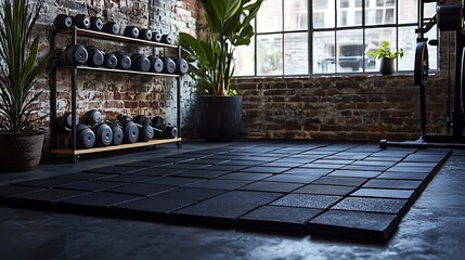 Black rubber floor tiles line an industrial gym, with neatly organized dumbbells on a shelf, creating a tough and functional workout space.