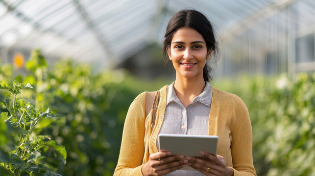 Indian modern Female farmer stands and holds tablet in her hands in greenhouse