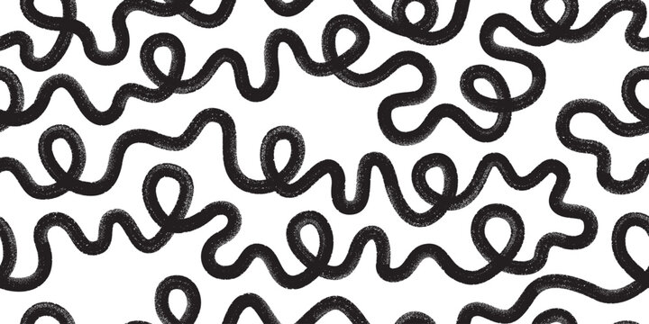 Organic grunge bold lines, squiggles. Black brushing shapes vector seamless pattern. Hand drawn grunge curly swirls, scribbles