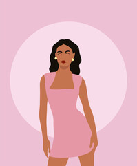 Illustration of a girl in a pink dress on a light pink background.