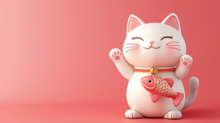 White smiling lucky cat figurine with red fish and a gold bell on a red background.