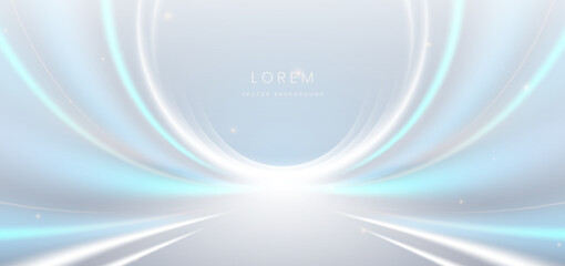 Scene light blue and white curve on grey background with lighting effect. For product design.