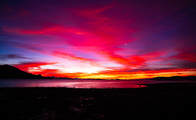Sunset sky, Nature beautiful Light Sunset or sunrise over sea, Colorful dramatic majestic scenery sky,Amazing clouds and waves in sunset sky nature light cloud background