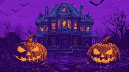 Fototapeta premium graphic t-shirt design style halloween haunted house. pumpkin heads. violet background
