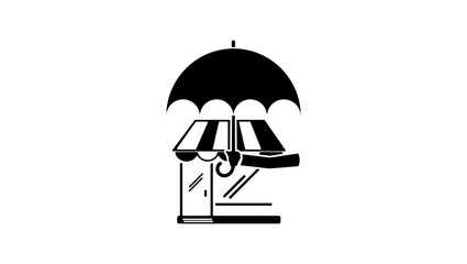 Small business insurance emblem, hand with umbrella over shop, black isolated silhouette