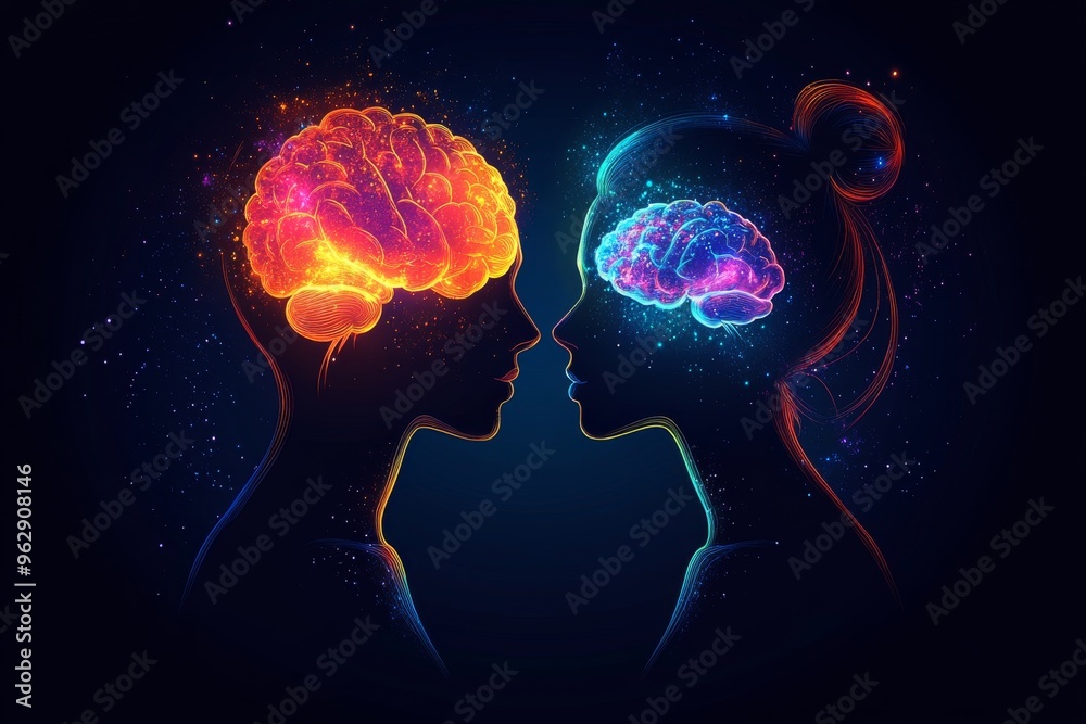 Wall mural neuroinformatics limbic system abstract neon brain interaction between two profiles symbolizing inte