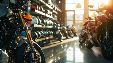 A motorcycle showroom illuminated by soft sunlight, showcasing various motorbikes and helmets on display, with large windows enhancing the spacious feel.