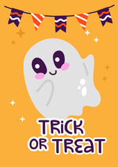 Trick or Treat card with cute ghost and flags. Vector illustration.