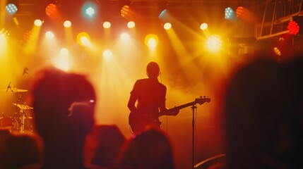 A musician passionately playing the guitar, bathed in dramatic stage lights, with an enraptured audience in the foreground.