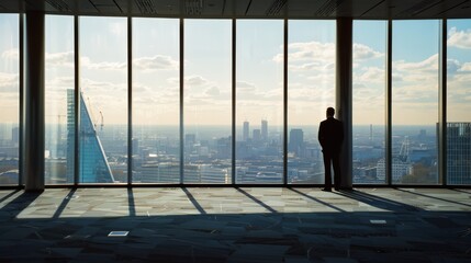 Fototapeta premium A solitary figure gazes over a sprawling urban skyline from a modern high-rise, contemplating the city’s expanse and possibilities.