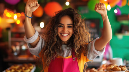 Indian female restaurant owner or worker smiling and raised hand while new business start up