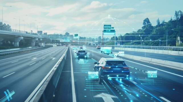 Highways dotted with cars, overlaid with digital graphics showing connected car technologies, representing advancements in intelligent transportation systems. - Powered by Adobe
