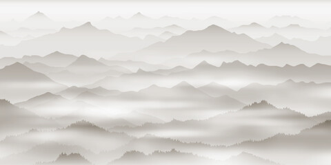 Obraz premium Silhouettes of mountain ranges in fog, minimalistic landscape in sepia tones, monochrome