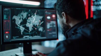 A person intensely monitors a digital world map on a computer screen in a dimly lit technology hub.