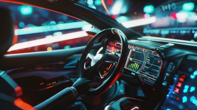 A futuristic car dashboard illuminated with colorful digital displays and lights, creating a high-tech and modern ambiance inside the vehicle.