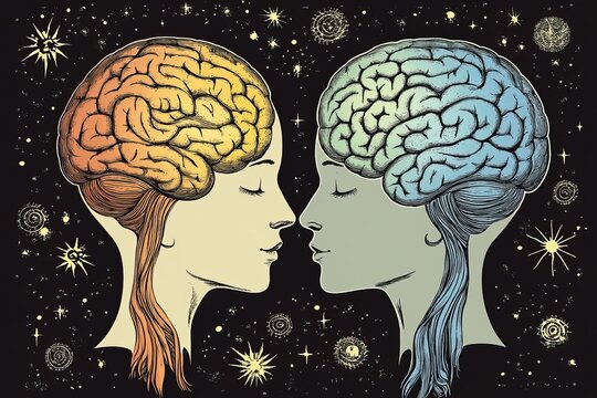 Neural studies Limbic system Vintage illustration of two intertwined brains symbolizing shared thoughts and emotional communication in an abstract design