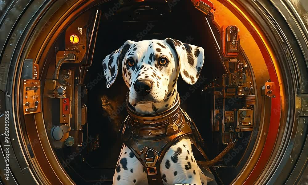 Sticker dalmatian astronaut in futuristic spacecraft with ai generated.