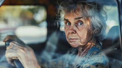 Fototapeta premium An elderly woman sits poised behind the wheel of a car, her expression both focused and introspective as she grips the steering wheel.