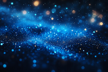 Abstract background with a soft neon blue glow, floating particles, deep smoke, and bokeh effect, creating a serene and dreamy atmosphere.
