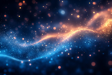 Abstract background with a soft neon blue glow, floating particles, deep smoke, and bokeh effect, creating a serene and dreamy atmosphere.
