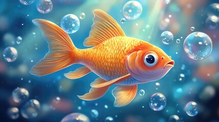 Fototapeta premium A cartoon fish swimming with bubbles around it, perfect for underwater, ocean, or aquarium-themed designs