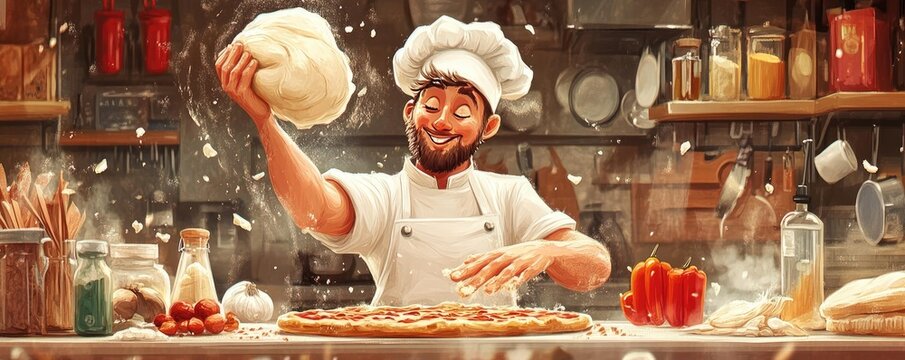 A cartoon-style drawing of a chef tossing pizza dough in the air, with various ingredients scattered around the kitchen