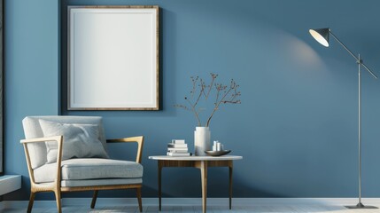 A minimalist living room features a cozy armchair, a small coffee table, and a blank picture frame on a soothing blue wall, promoting tranquility.