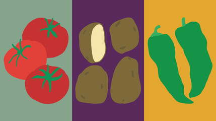 set of various veggies hand-drawn with colorful background