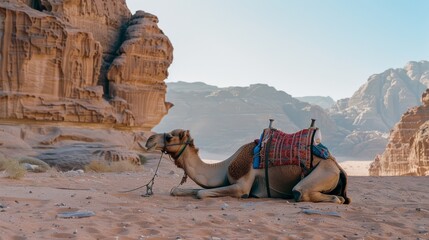 Fototapeta premium A majestic camel rests on the desert sand with imposing rock formations in the background, depicting a serene desert scene.