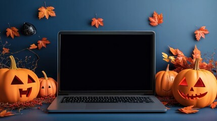 Laptop computer mock up white empty blank screen template Happy Halloween pumpkins decorations background, Thanksgiving digital online shopping website promo fall sale promotion offer ads, mockup.