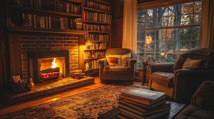 Obraz premium A cozy living room scene with a crackling fireplace, comfy armchairs, and a stack of books on a side table