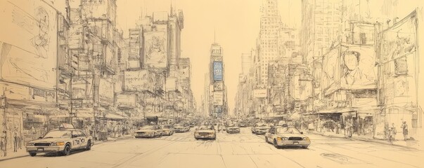 Obraz premium A detailed sketch of a bustling city street, complete with cars, street vendors, and towering buildings
