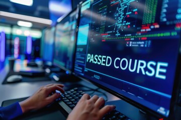 "PASSED COURSE" Displayed on Screen as Person Types on Computer