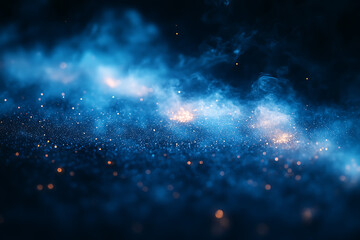 Naklejka premium Abstract background with a soft neon blue glow, floating particles, deep smoke, and bokeh effect, creating a serene and dreamy atmosphere. 