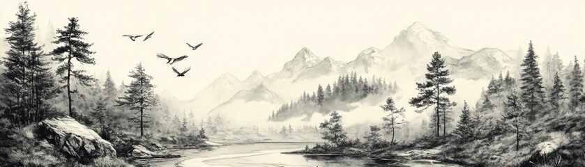Fototapeta premium A drawing of a peaceful mountain landscape, with a winding river, pine trees, and birds flying overhead