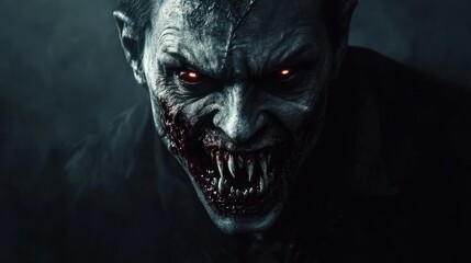 Naklejka premium Menacing vampire with sharp fangs and decaying appearance in a dark setting.
