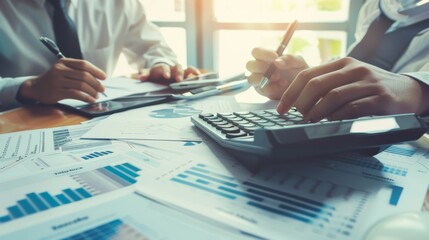 Colleagues in a business meeting study graphs and charts while engaging in analytical discussions.