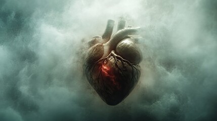 Human heart surrounded by stifling fog symbolizing pericarditis, soft lighting, realistic textures, dramatic focus, high-detail render