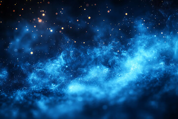 Fototapeta premium Abstract background with a soft neon blue glow, floating particles, deep smoke, and bokeh effect, creating a serene and dreamy atmosphere. 