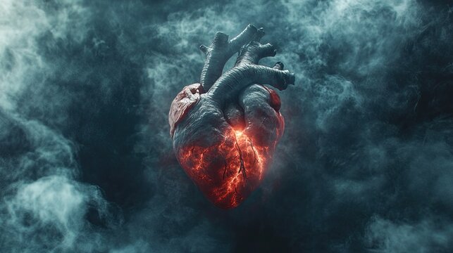 Human heart surrounded by stifling fog symbolizing pericarditis, soft lighting, realistic textures, dramatic focus, high-detail render