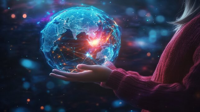 Metaverse Virtual Technology.Woman hand holding global network connection. Internet communication, Wireless connection technology. Futuristic technology with polygonal shapes. : Generative AI