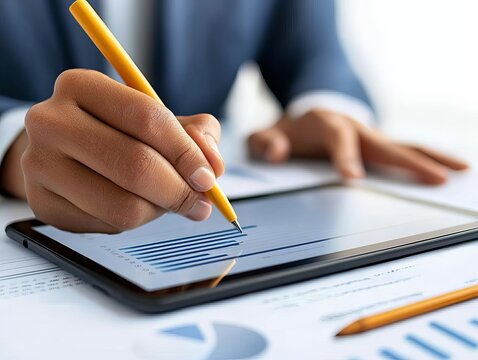 Closeup of a stylus writing notes on a tablet during a webinar session, modern digital business training tools, webinar learning, digital note-taking - Powered by Adobe