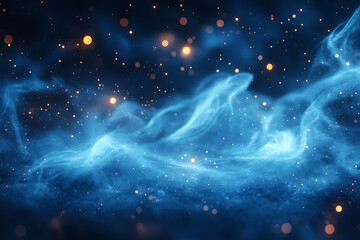 Abstract background with a soft neon blue glow, floating particles, deep smoke, and bokeh effect, creating a serene and dreamy atmosphere.
