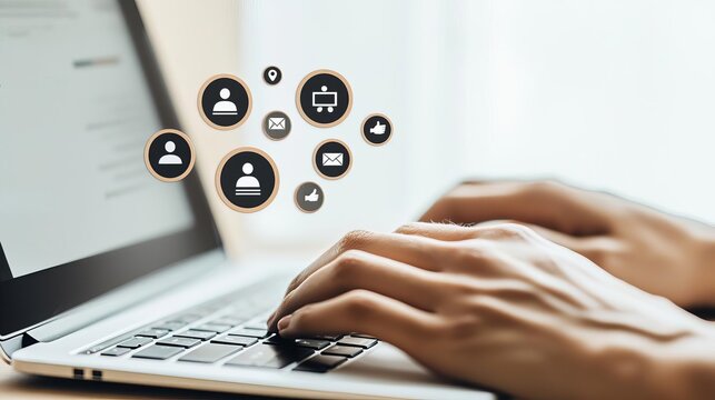 Hands typing on a keyboard with webinar slides on the screen, closeup of digital learning environment, webinar interface, business training tools