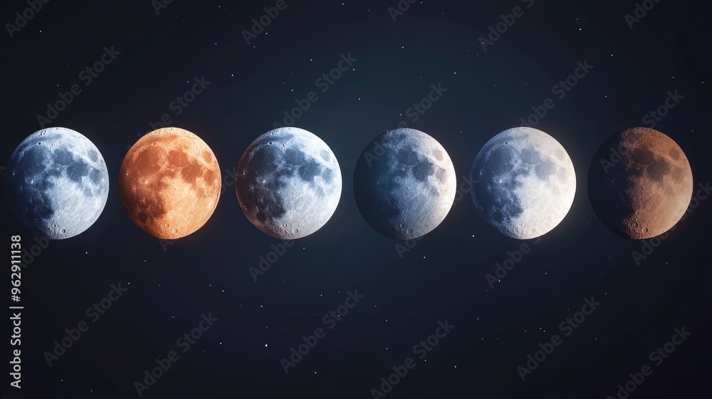 Poster line icons depicting phases of the moon in 3d cartoon rendering